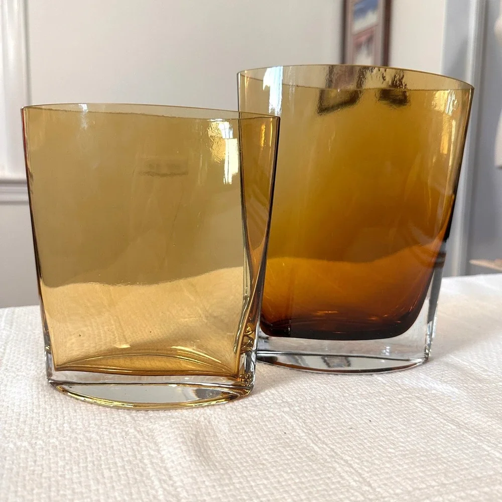 Badash Samantha Amber Art Glass Vase Pair Mouth Blown Poland Modernist MCM Decor